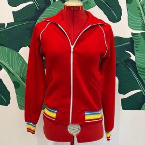 ❤️🤍💛🩵❤️  Vintage 70s/80s Red AthleticJacket with Striped Cuffs ❤️🤍💛🩵❤️
